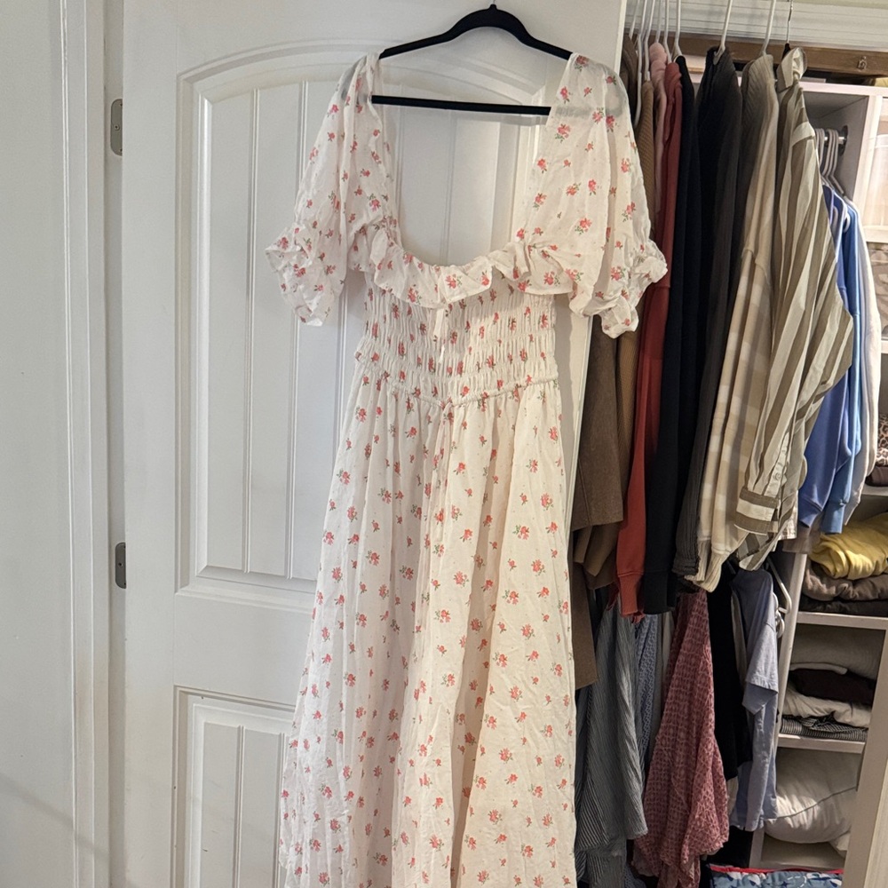 Floral Smocked Midi Dress - White with Pink Floral